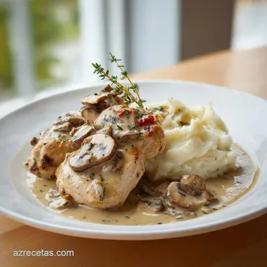 Pollo en Salsa de Champi&ntilde;ones con Pur&eacute; de Patatas en 40 Minutos Tarjeta de receta