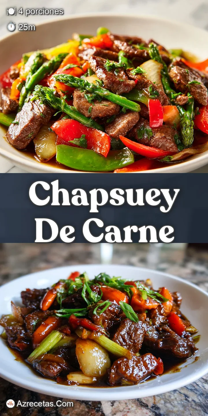 Appetizing close-up of chapsuey: glistening beef and vegetables, rich sauce, with textural delights that invite a taste.