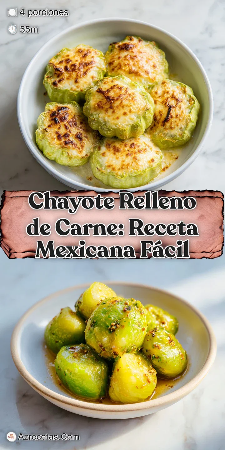 Close-up of a stuffed chayote squash revealing a juicy, golden-brown meat filling. Topped with fresh herbs and bathed in r...