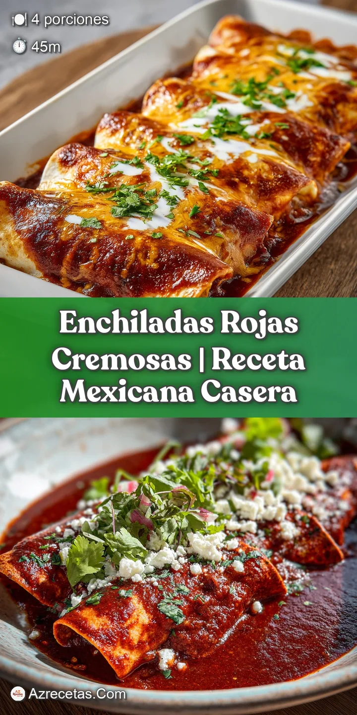 Close-up reveals warm, soft tortillas bathed in vibrant red sauce with melted cheese. A sprinkle of cilantro adds freshnes...