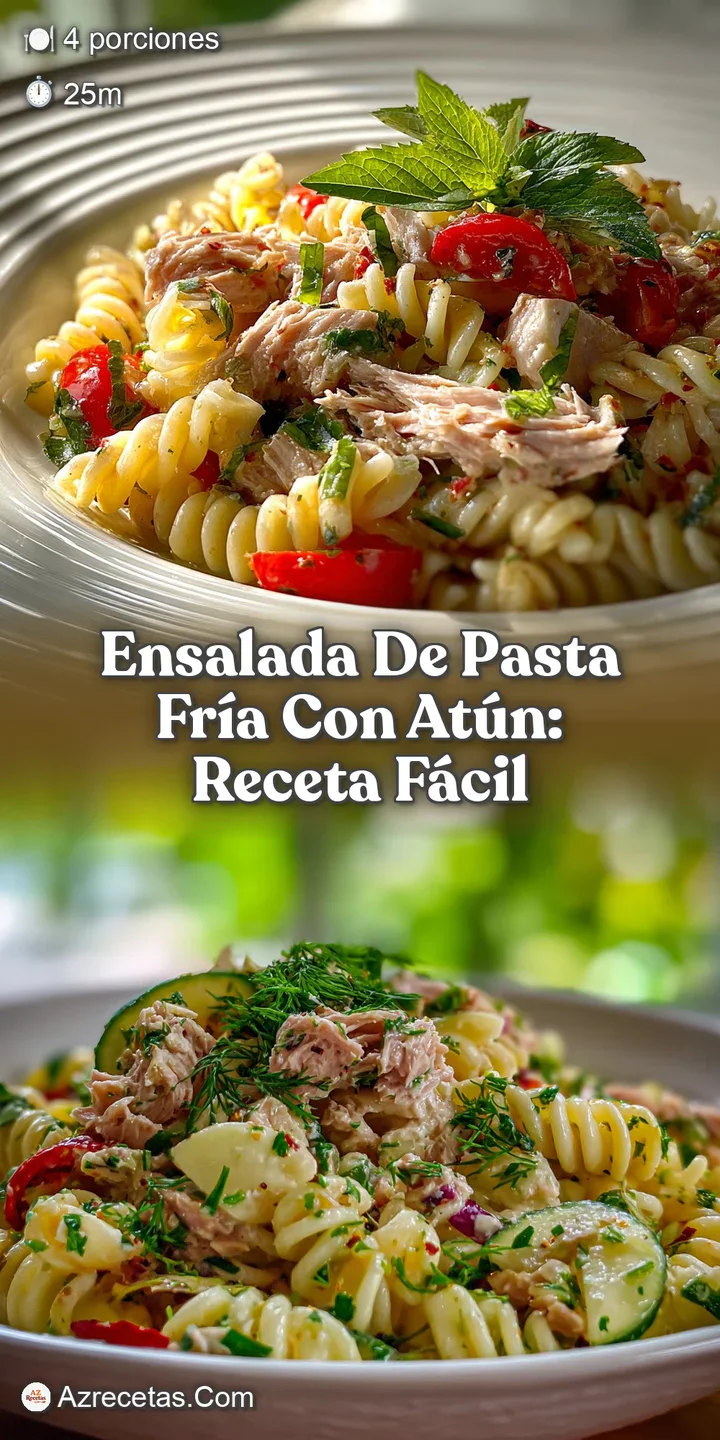 Close-up showcases the textures of cold pasta salad: tender pasta, flaky tuna, crisp veggies, all glistening in a light, c...