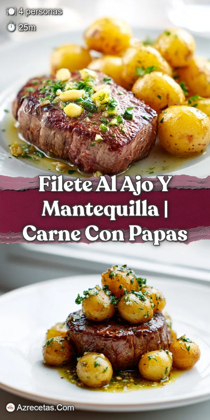 Primer plano de carne sellada con costra marr&oacute;n, trozos de ajo crujiente y jugos brillantes cayendo lentamente.