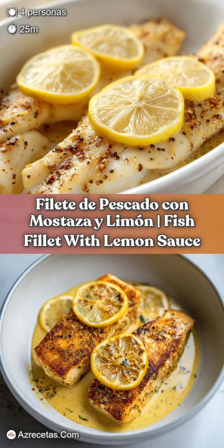 Primer plano de pescado blanco jugoso con salsa de mostaza brillante y trozos de lim&oacute;n que resaltan su textura tierna.