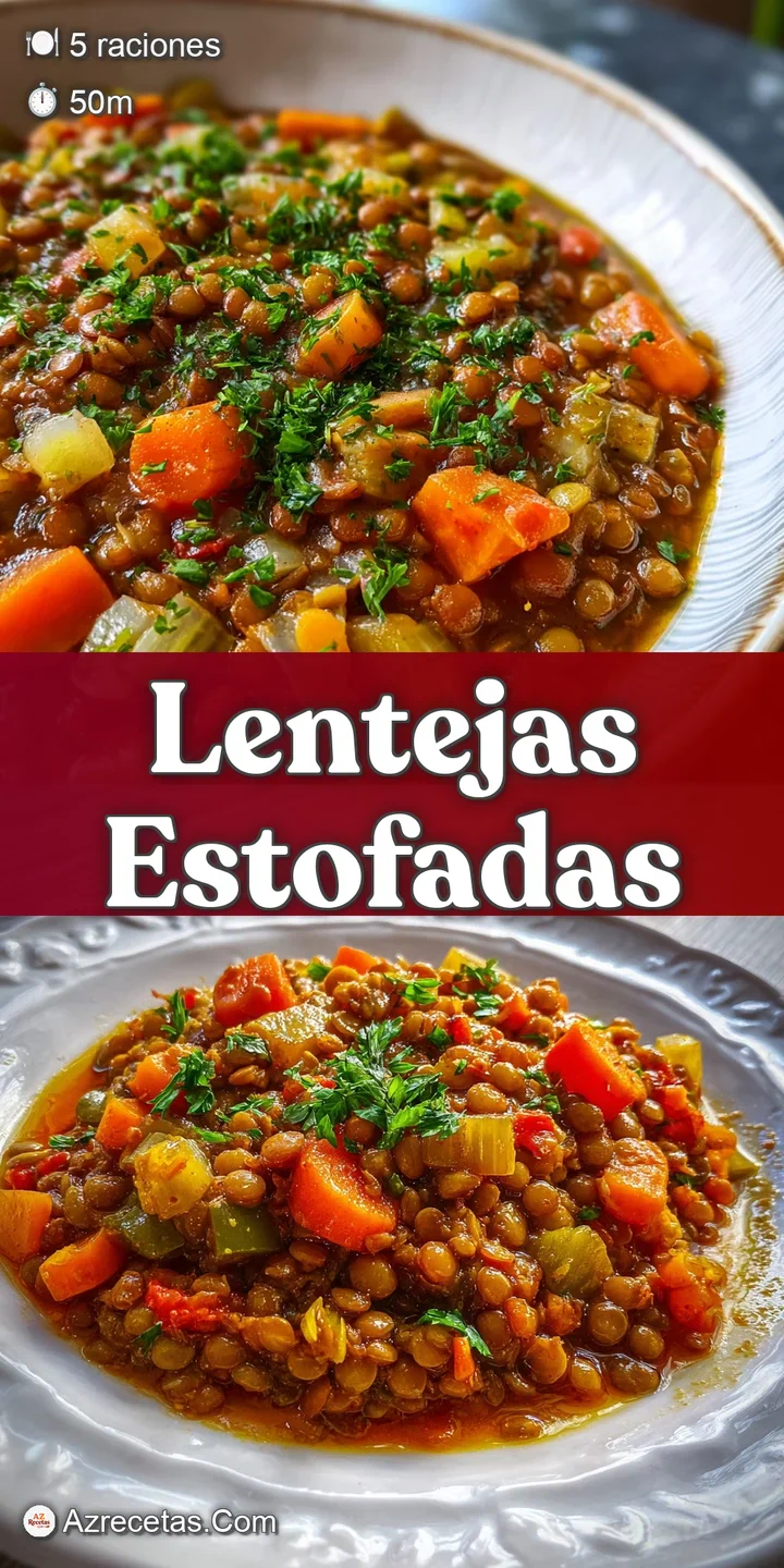 Close-up shot of hearty lentil stew reveals tender textures, softened vegetables, and rich, savory broth, promising a comf...