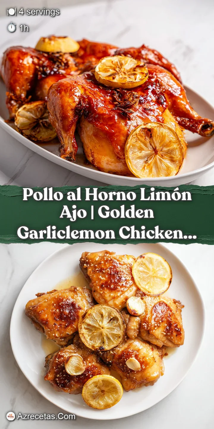 Primer plano de piel de pollo dorada y crujiente, jugosa por dentro, con trozos de ajo tostado y c&iacute;tricos frescos.