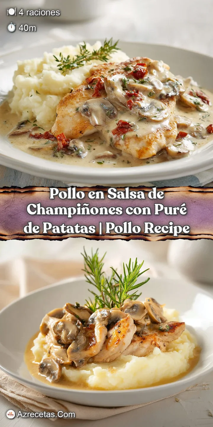 Juicy chicken bathed in a velvety mushroom sauce, with a dollop of creamy mashed potatoes beside it.