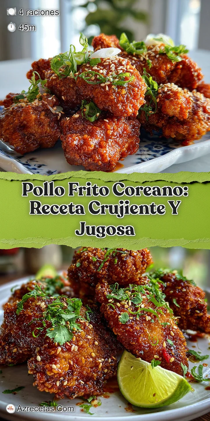 Close-up of glistening, crunchy Korean fried chicken; the rich red sauce and crispy texture are highlighted by the vibrant...