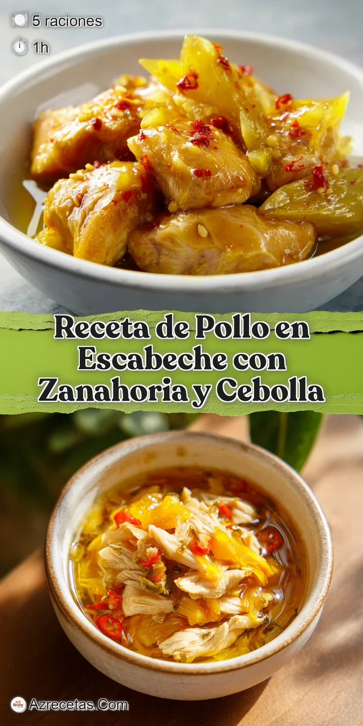 Appetizing close-up of moist chicken and softened vegetables swimming in a savory, aromatic escabeche sauce, tempting the ...