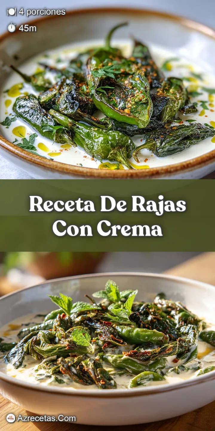 Close-up: Rajas con crema. Roasted poblano peppers and sweet corn suspended in a luscious, ivory-colored cream sauce, stea...