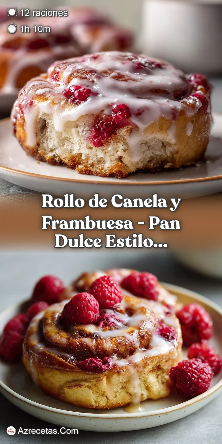 Close-up shot of a raspberry cinnamon roll with sweet, white glaze. The soft dough is studded with juicy, red raspberries....