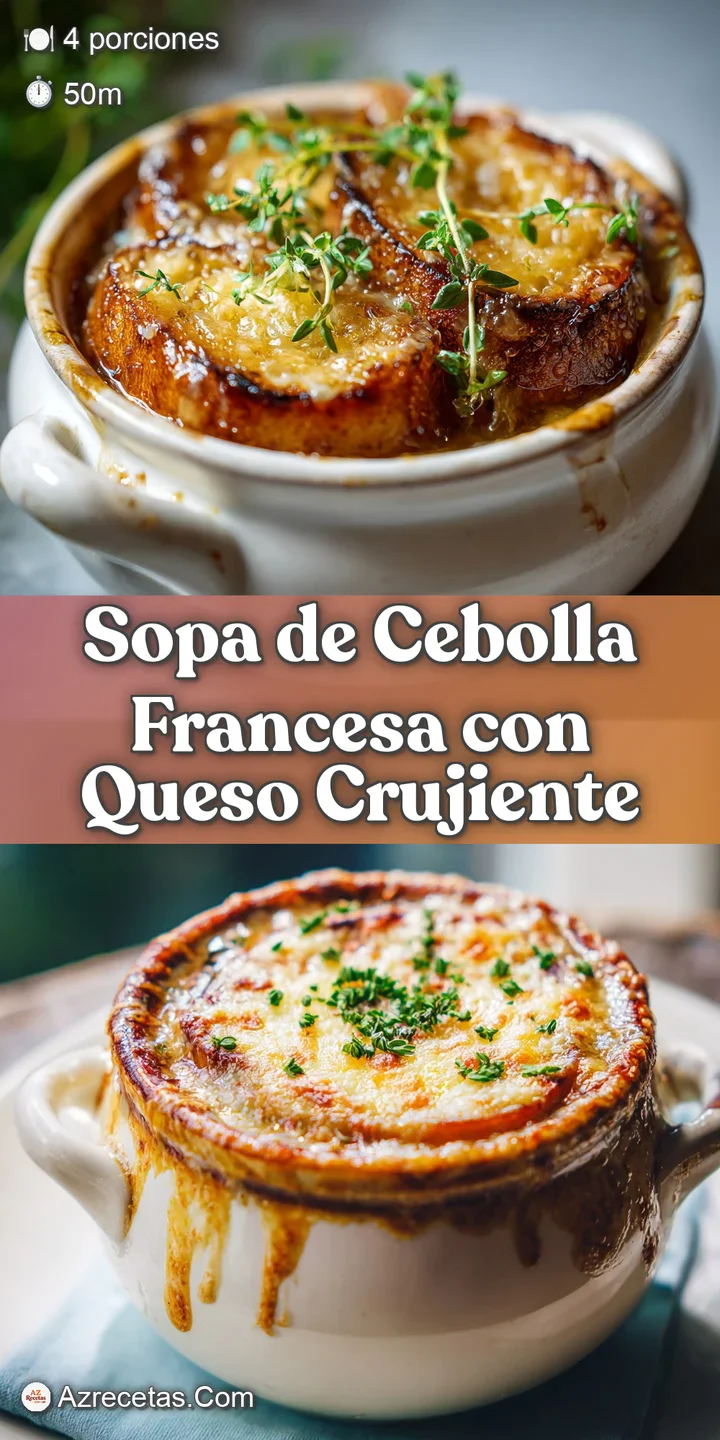 Close-up of rich, dark French onion soup featuring caramelized onions and a bubbly, browned Gruy&egrave;re crouton.