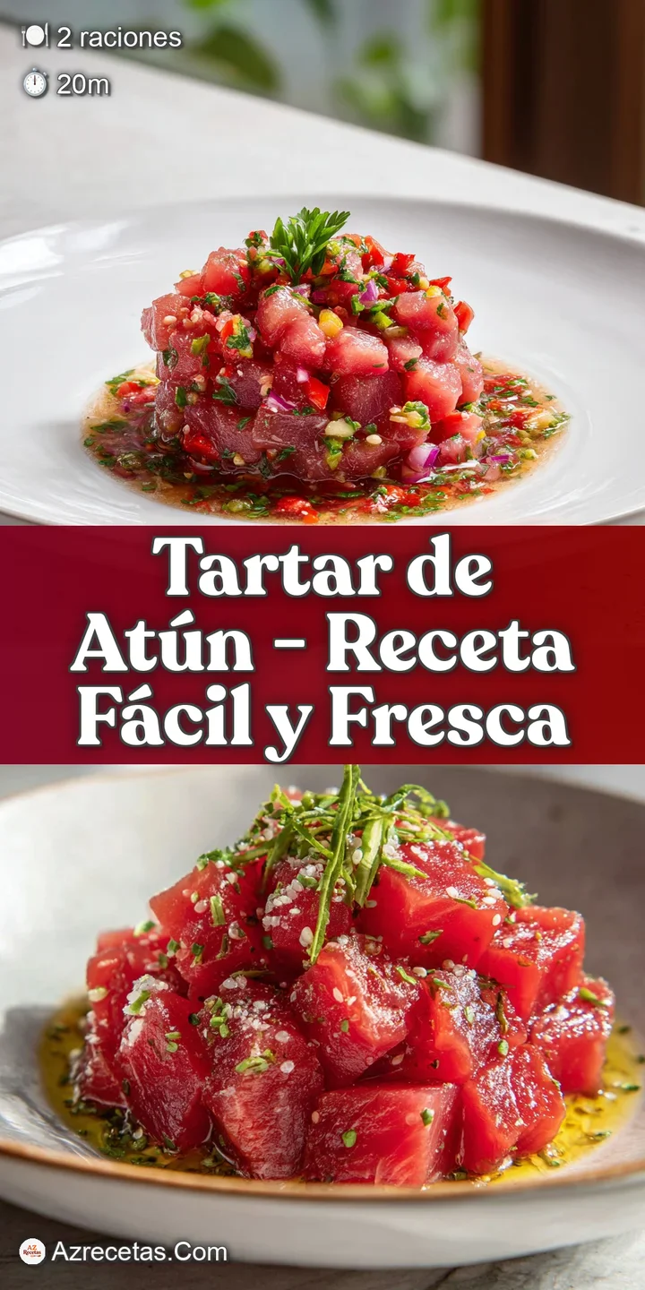 Close-up of ruby-red tuna tartar with tiny flecks of herbs, exuding fresh, cool appeal.