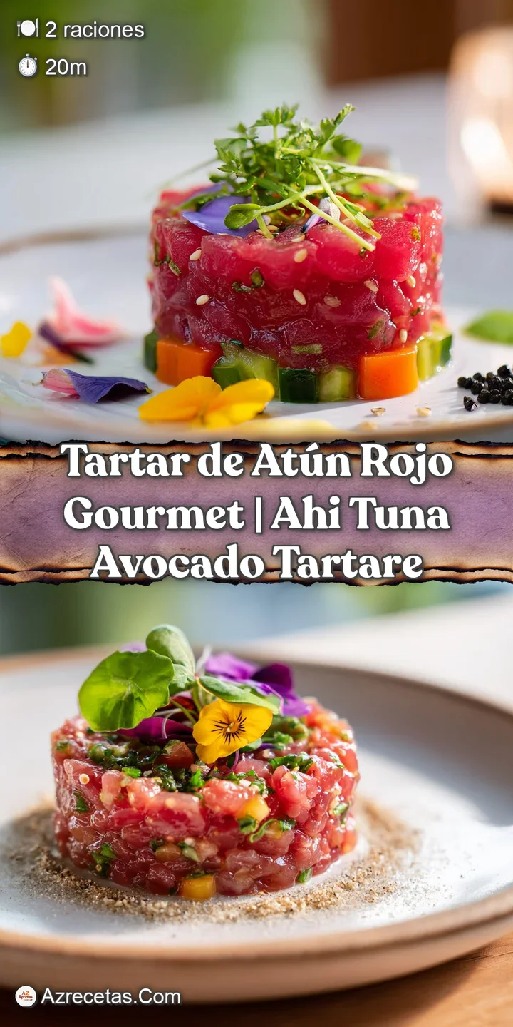 Close-up of finely diced ruby tuna, its wet sheen catching the light, contrasted with bright green herb flecks.