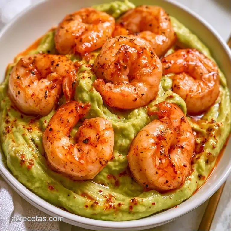 Elegante plato blanco con aguacate cremoso, gambas jugosas y un toque de pimentón rojo sobre un fondo neutro.