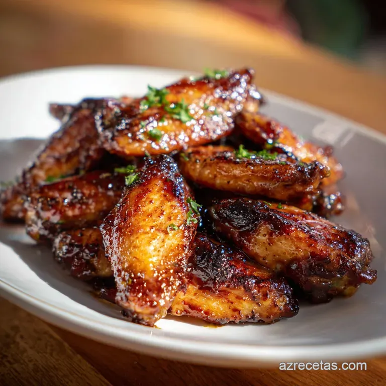 A single, succulent wing coated in a rich, dark glaze, presented on a white plate with a sprig of fresh cilantro.