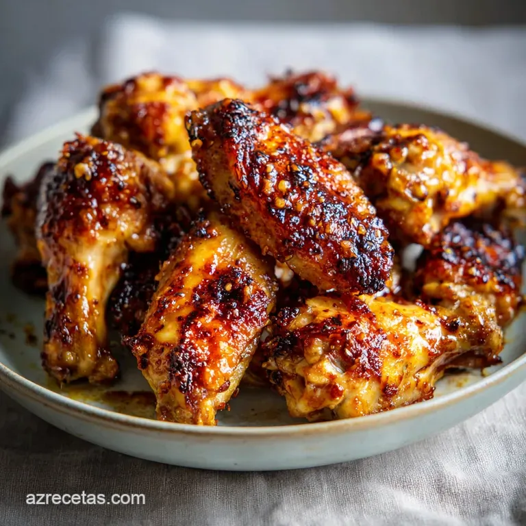 Honey-mustard chicken wings plated with vibrant green parsley, offering a tempting glimpse of the sticky, caramelized coat...