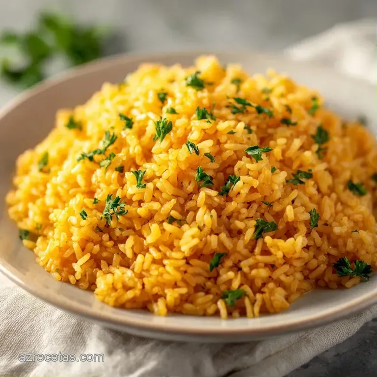 Porci&oacute;n circular de arroz amarillo sobre plato blanco, decorada con gotas de alioli cremoso y una hoja verde peque&ntilde;a.