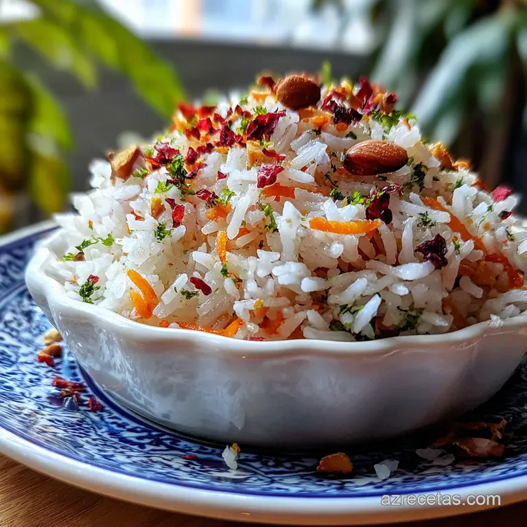 A refined portion of fluffy, golden rice elegantly molded on a white plate, garnished with scattered toasted nuts and herbs.