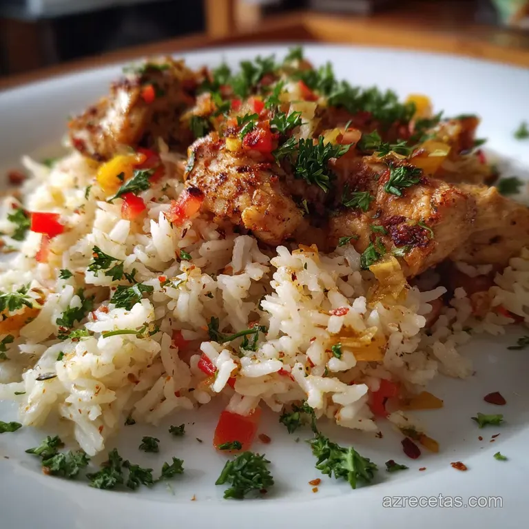 Elegant plate of Arroz con Pollo, garnished with fresh cilantro and a wedge of lime, inviting aroma wafting from the warm,...