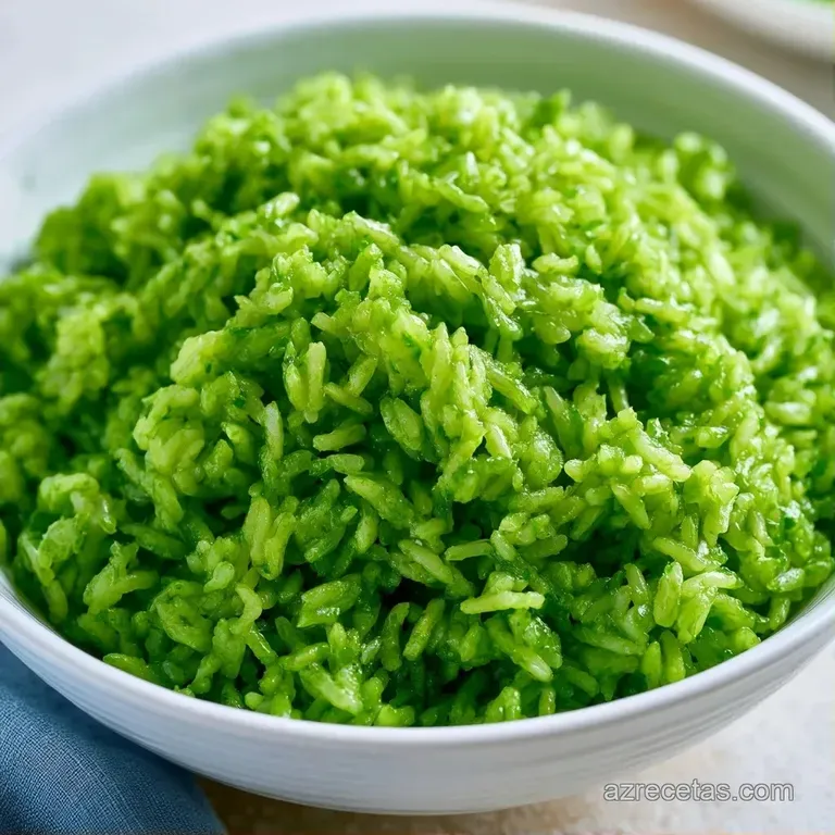 Mont&iacute;culo de arroz verde brillante en plato blanco, decorado con hojas frescas sobre una mesa de madera oscura.