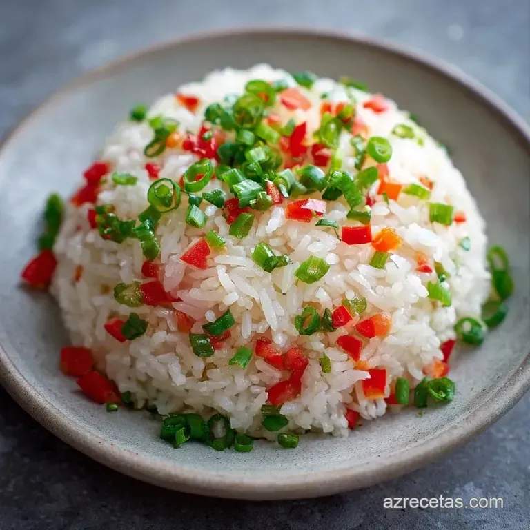 Plato de cer&aacute;mica con arroz humeante, decorado con perejil fresco picado y verduras coloridas distribuidas con esmero.