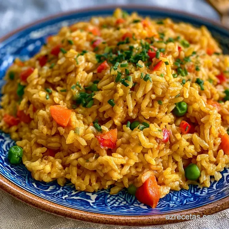 Mont&iacute;culo de arroz salteado en plato blanco, adornado con semillas de s&eacute;samo y hojas verdes sobre fondo neutro claro.