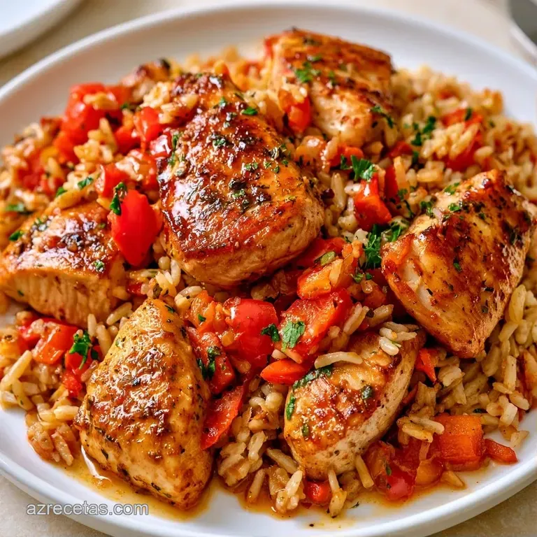 Montículo de arroz oscuro y pollo jugoso en plato blanco, decorado con perejil fresco y un toque de aceite brillante.
