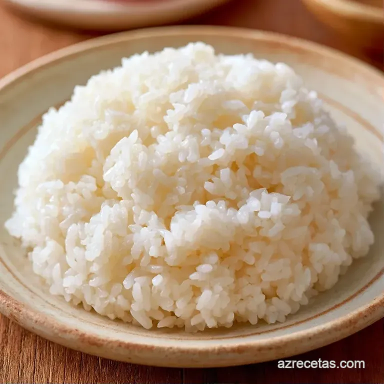 Montón circular de arroz blanco perlado con textura brillante, servido minimalista sobre un plato de cerámica negra.
