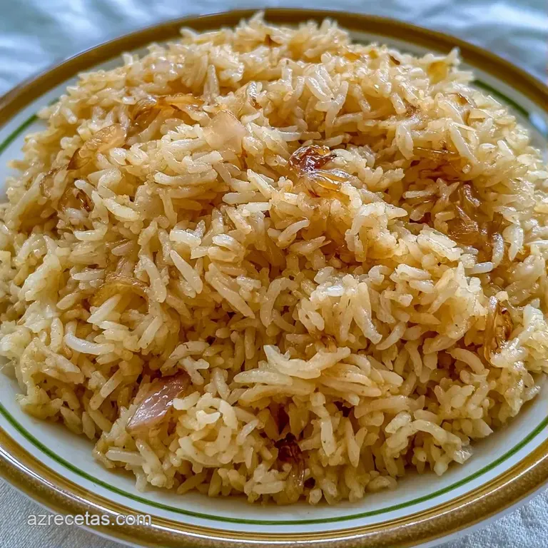 Arroz esponjoso moldeado en c&iacute;rculo sobre plato blanco, decorado con una rama de perejil fresco y vapor ligero ascendente.