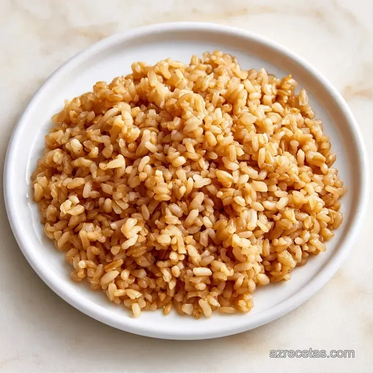 Plato cerámico con una montaña de arroz blanco adornada con hortalizas coloridas y un toque de aceite brillante.