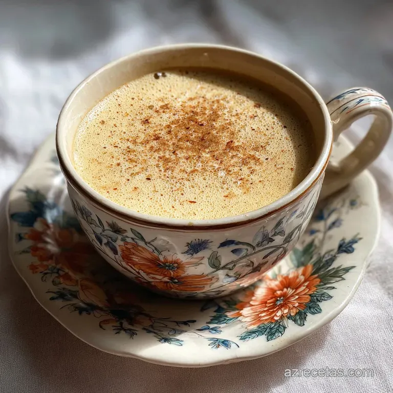 Elegant glass mug filled with steaming atole, cinnamon stick garnish. Soft light highlights creamy texture and warm, invit...