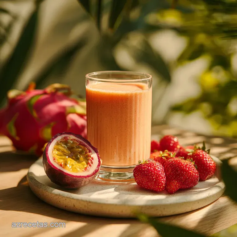 Tall glass filled with a creamy fruit smoothie, topped with granola and sliced fruits, creating a colorful and refreshing ...