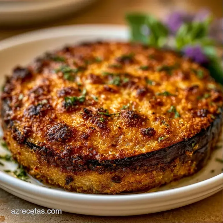 Rodajas circulares de berenjena asada con una capa de queso gratinado y burbujas tostadas, servidas en plato cer&aacute;mica.