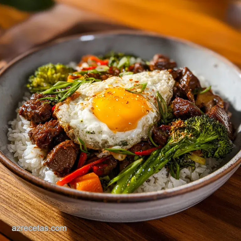 Arreglo sim&eacute;trico de vegetales frescos y carne sobre arroz, resaltando el rojo vibrante de la salsa y el verde brillante.