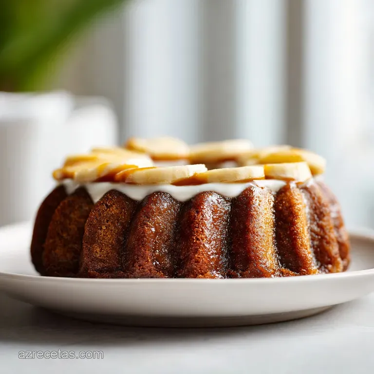 A slice of tender banana cake artfully drizzled with rich dulce de leche, garnished with a dusting of powdered sugar.
