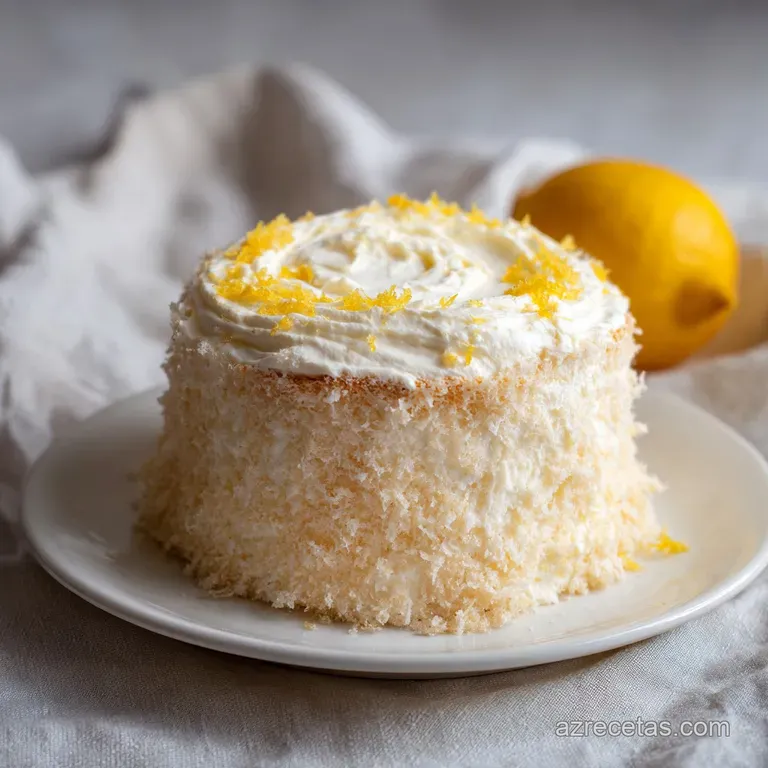 Slice of light lemon cake with a dusting of powdered sugar. A simple plate presentation showcasing the cake's soft and del...