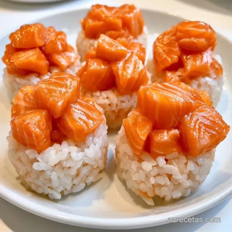Bolas de arroz alineadas con gotas de salsa oscura y cebollino verde picado sobre una superficie blanca minimalista.
