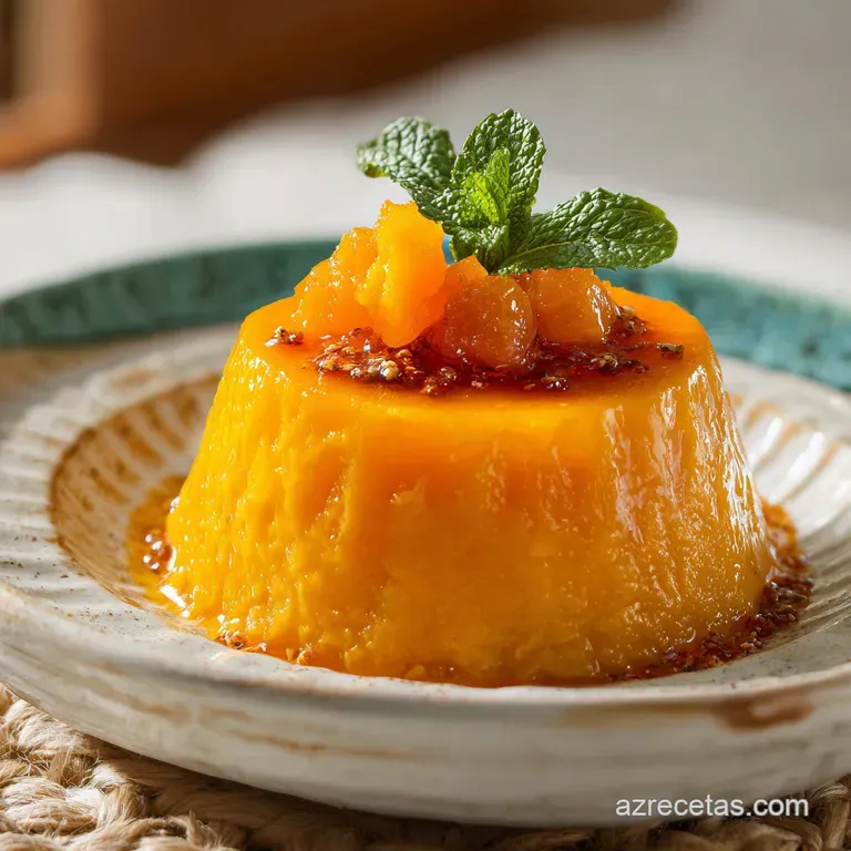 A slice of velvety sweet potato pudding with a swirl of cream, garnished with a delicate sprig of rosemary on a plate.