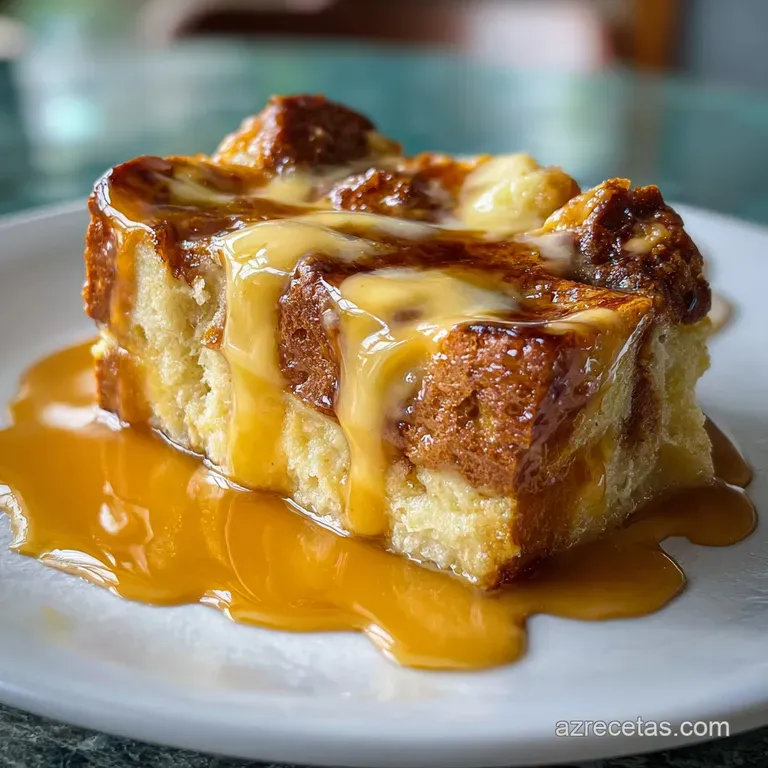Slice of warm bread pudding drizzled with creamy caramel sauce, garnished with powdered sugar on a delicate plate.