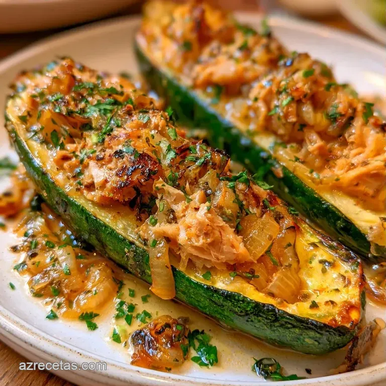 Dos calabacines rellenos sobre plato blanco, con costra de queso tostado y una guarnición de hojas verdes frescas.