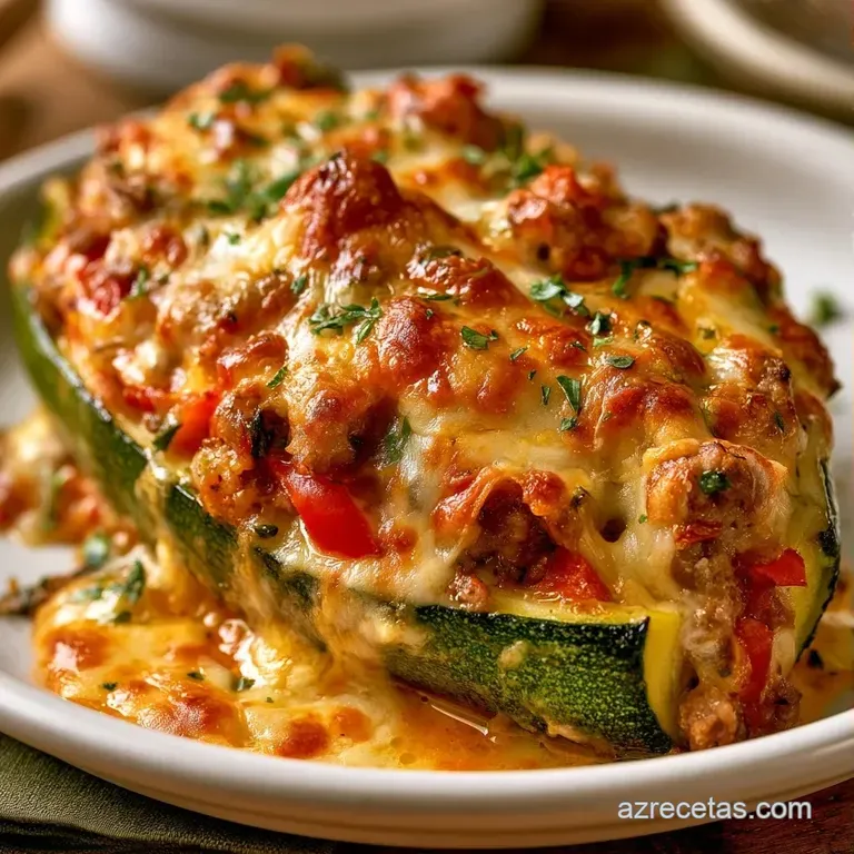 Dos calabacines rellenos en plato blanco, decorados con perejil fresco y una capa de queso tostado muy crujiente.