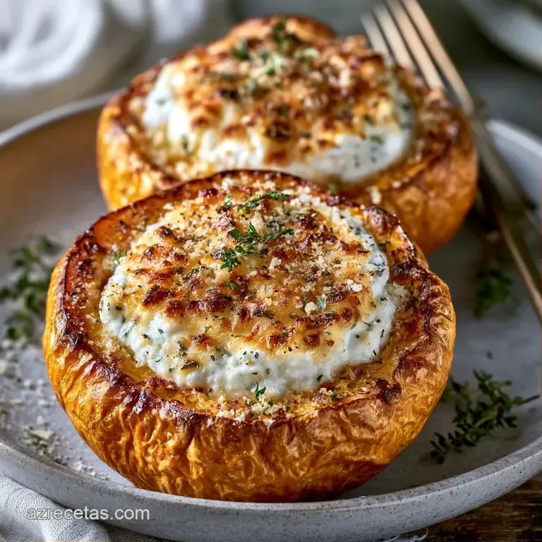 Calabaza dorada en plato blanco, relleno blanco fundido con costra tostada y un toque de perejil picado encima.