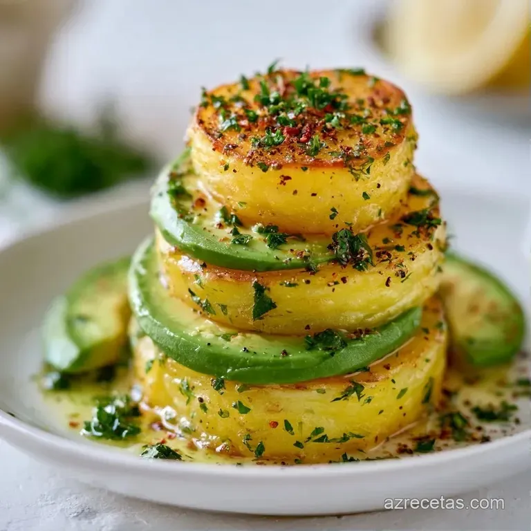 Capas precisas de pur&eacute; amarillo y aguacate sobre plato blanco, adornadas con brotes verdes frescos y gotas de crema.