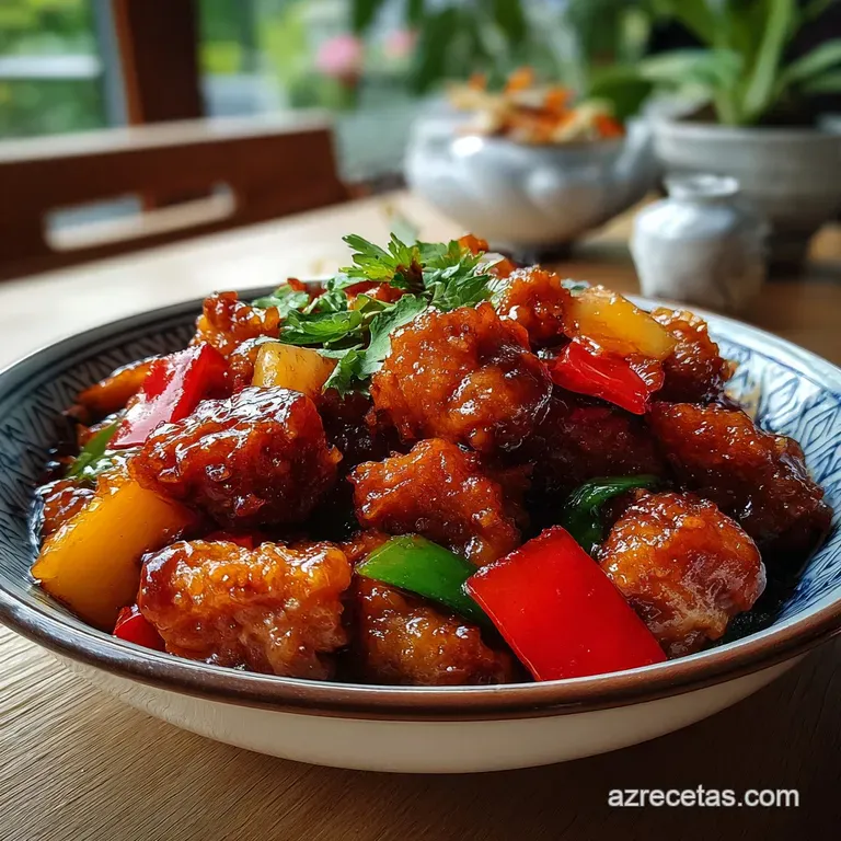 Sweet and sour pork plated with fluffy white rice, garnished with scallions. A colorful and appetizing family meal.