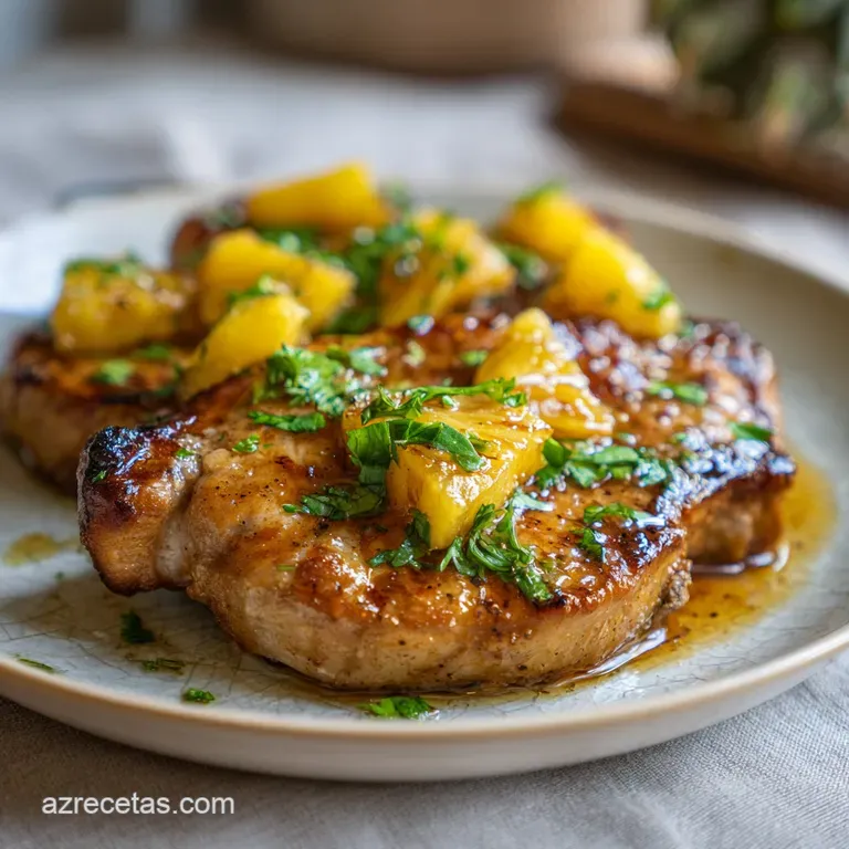 Juicy grilled pork chop topped with caramelized pineapple, alongside fluffy white rice, sprinkled with fresh cilantro. A v...