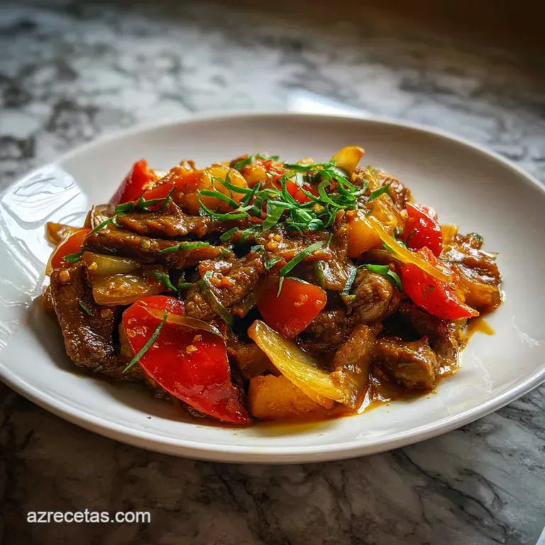 Elegant chapsuey plate: piled high, the light catches the glossy sauce coating tender beef and colorful, fresh vegetables.