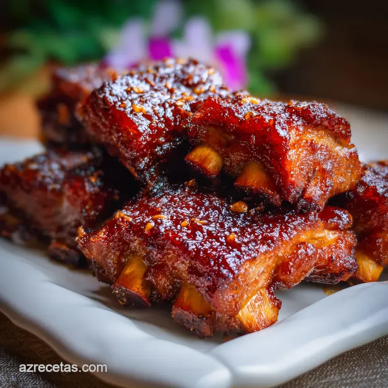 Close-up of tender ribs on a white plate, dripping with a sticky-sweet garlic honey glaze, alongside a vibrant green garnish.