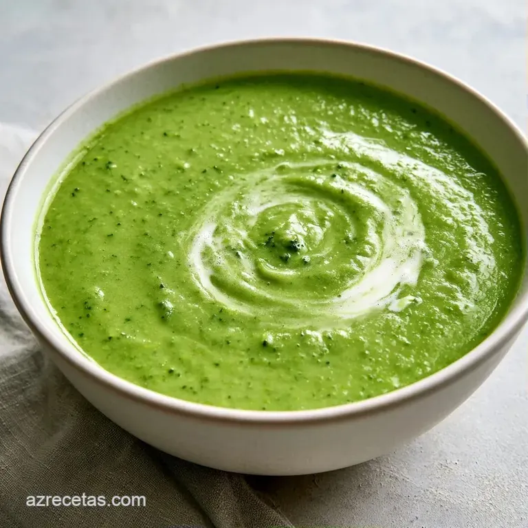 Sopa espesa de color verde intenso decorada con un remolino de nata, brócoli al vapor y pimienta negra molida.