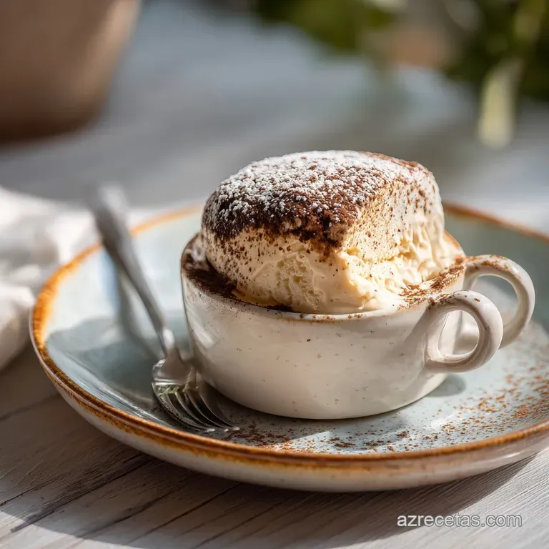 Frothy coffee creation in a stemmed glass. Garnished with cocoa powder, served on a wooden board with a silver spoon.