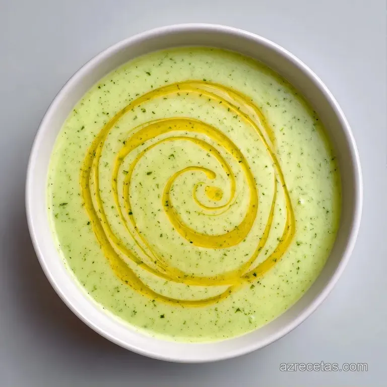Sopa cremosa verde claro en plato hondo, adornada con un hilo de aceite brillante y cebollino fresco picado fino.